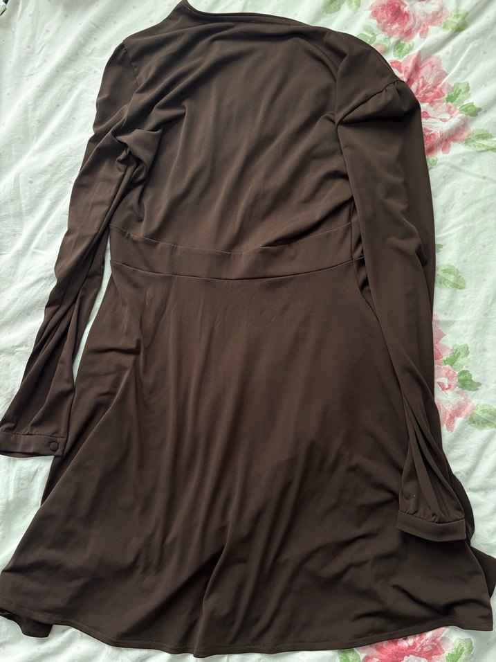 Mango Uzun Kollu Kahverengi Midi Elbise - Görsel 3