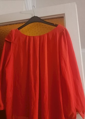 Kırmızı Salaş Kadın Bluz, Uzun Kollu, Drapeli - Görsel 2