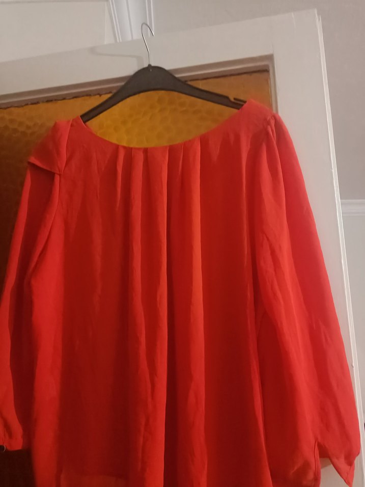 Kırmızı Salaş Kadın Bluz, Uzun Kollu, Drapeli - Görsel 2