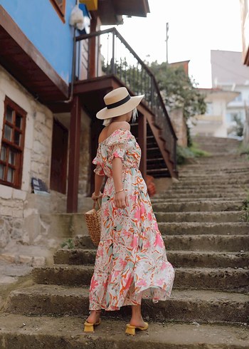 Pembe Bohem Uzun Straplez Elbise