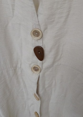 Bej Keten V Yaka Düğmeli Midi Elbise - Görsel 5