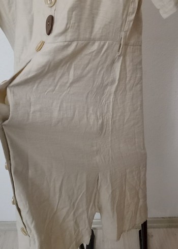 Bej Keten V Yaka Düğmeli Midi Elbise - Görsel 6