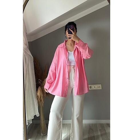 Pembe oversize gömlek