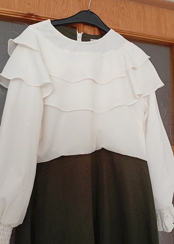 Uzun Bej Keten Elbise, Fırfırlı, Bol Kesim - Görsel 3