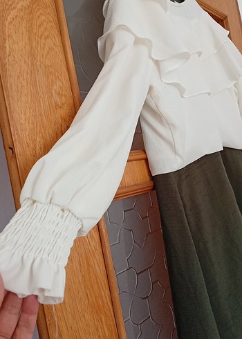 Uzun Bej Keten Elbise, Fırfırlı, Bol Kesim - Görsel 2