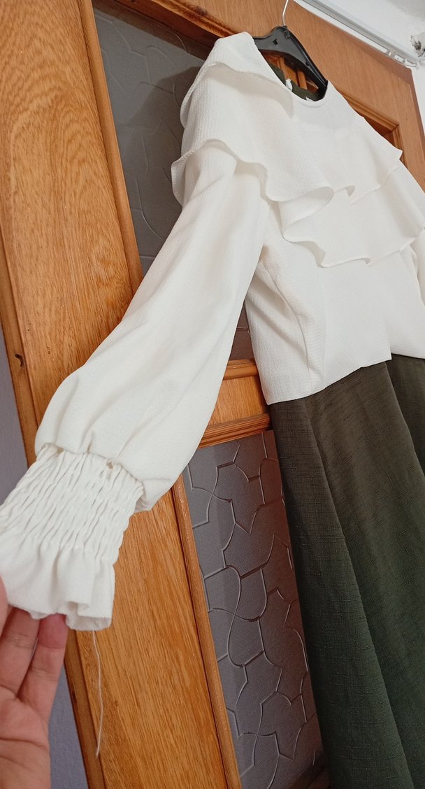 Uzun Bej Keten Elbise, Fırfırlı, Bol Kesim - Görsel 2