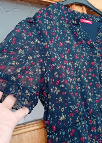 Lacivert Bohem Midi Elbise V Yaka Fırfırlı - Görsel 2