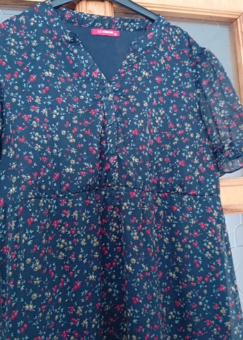 Lacivert Bohem Midi Elbise V Yaka Fırfırlı - Görsel 3