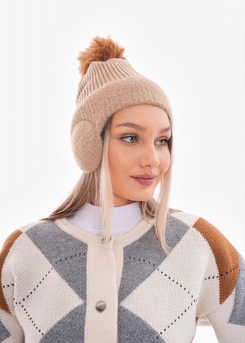 Bej Örgü Kadın Bere Kulaklıklı - Görsel 2