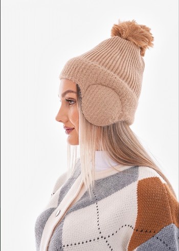 Bej Örgü Kadın Bere Kulaklıklı - Görsel 4