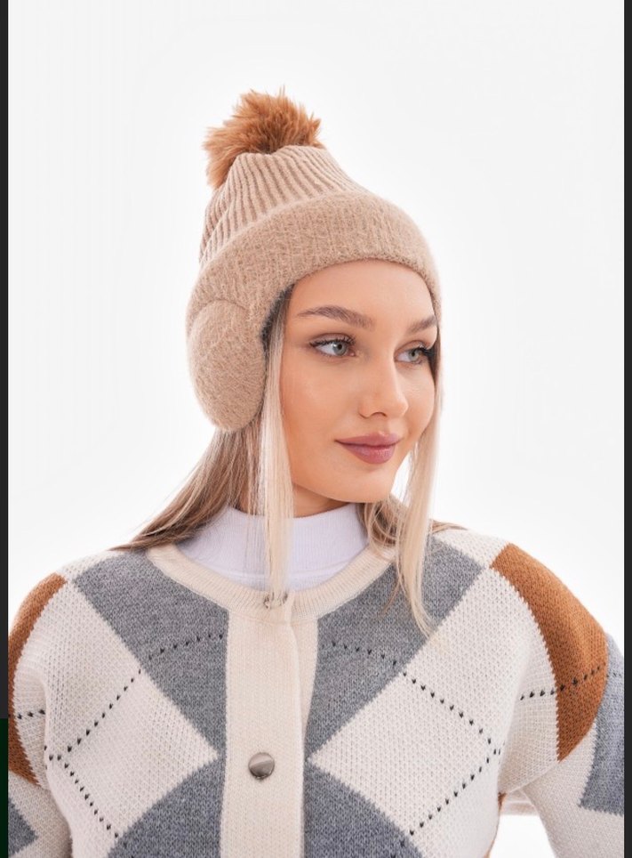 Bej Örgü Kadın Bere Kulaklıklı - Görsel 2