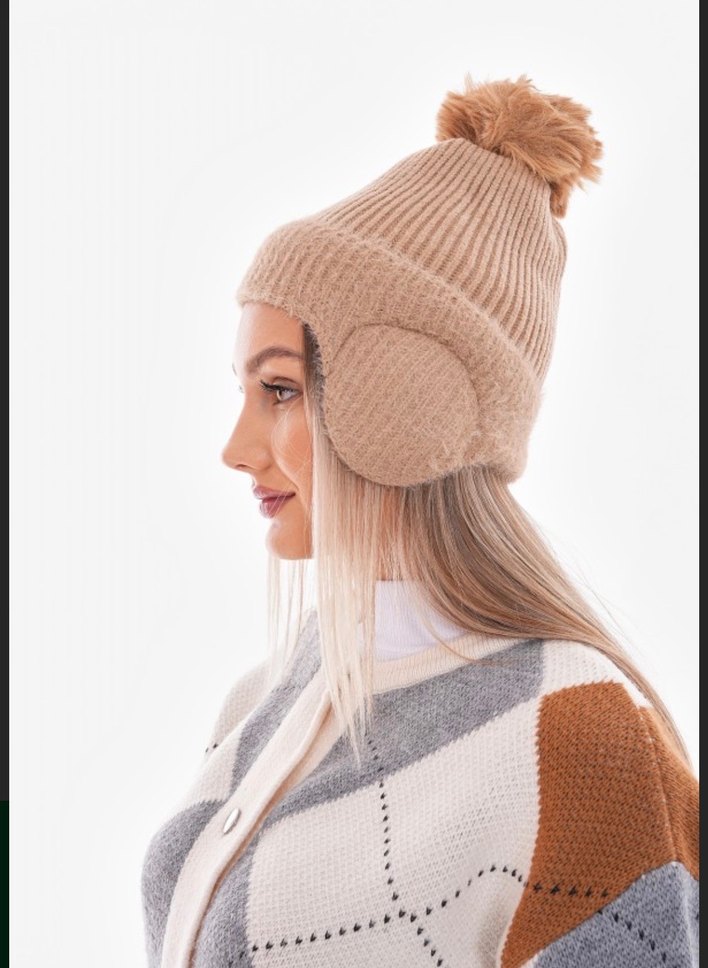 Bej Örgü Kadın Bere Kulaklıklı - Görsel 4