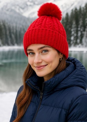 Kırmızı Ponponlu Örgü Kadın Bere - Görsel 2