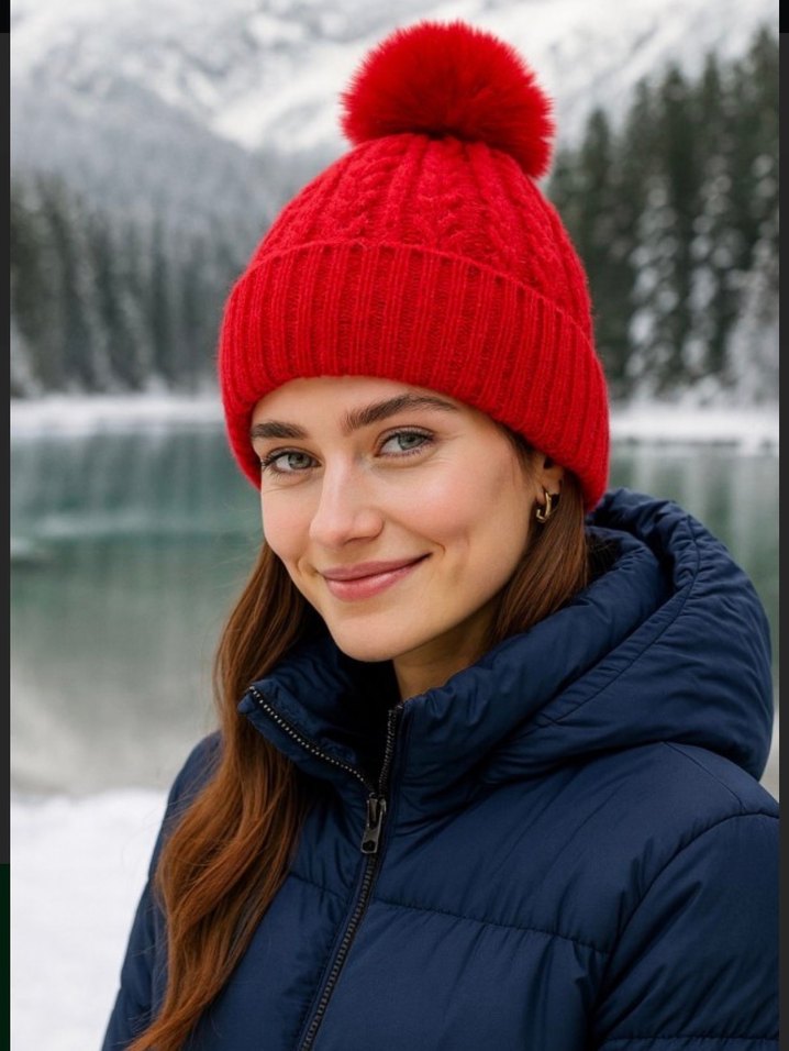 Kırmızı Ponponlu Örgü Kadın Bere - Görsel 2