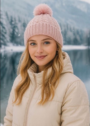 Pembe Örgü Ponponlu Kadın Bere - Görsel 3