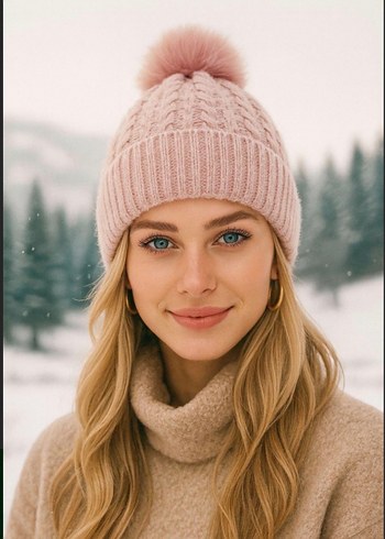 Pembe Örgü Ponponlu Kadın Bere - Görsel 4