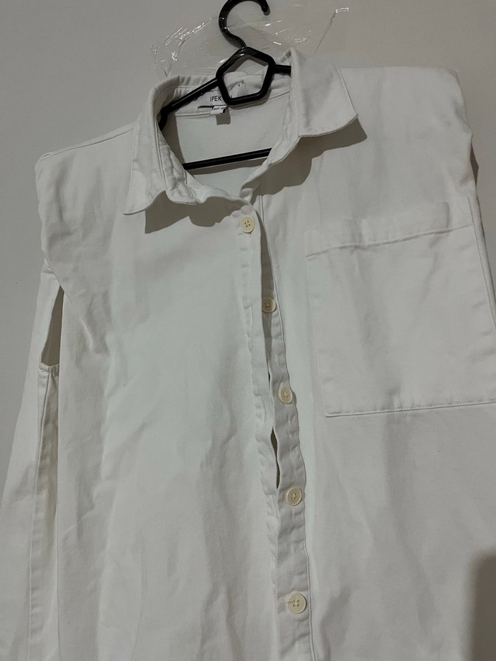 Düğmeli Kolsuz bej Keten Gömlek - Görsel 2