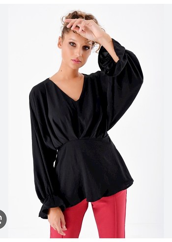 Siyah V Yakalı Kadın Keten Bluz - Görsel 7