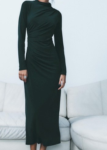 Zara koyu yeşil drapeli elbise - Görsel 4