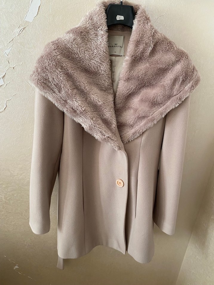 Kürklü Bej Midi Kadın Kaban - Görsel 4