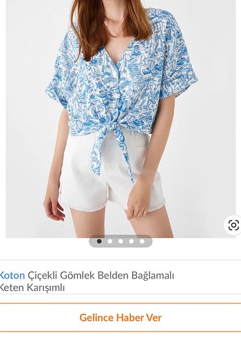 Mavi Çiçekli Bağlamalı Keten Karışımlı Gömlek