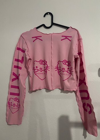 Hello Kitty Pembe Hello Kitty Uzun Kollu Crop Bluz