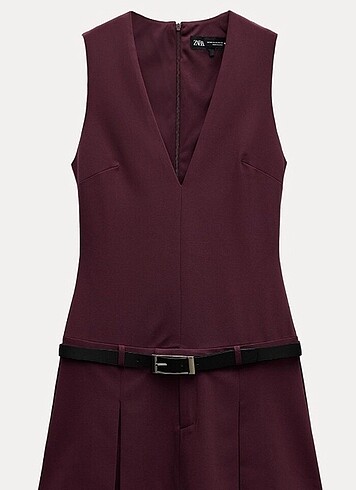 Zara Kemerli Pileli Bordo Elbise