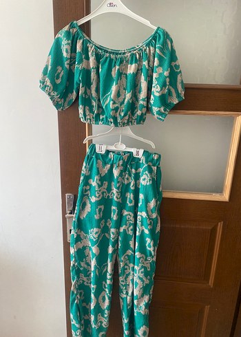 s Beden Turkuaz Bağcıklı Mini Bohem Kadın Tulum ikili takım