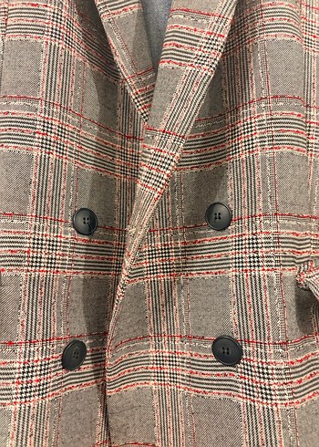 Gri Ekose Düğmeli Kadın Midi Blazer - Görsel 5