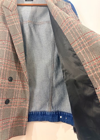 Gri Ekose Düğmeli Kadın Midi Blazer - Görsel 6