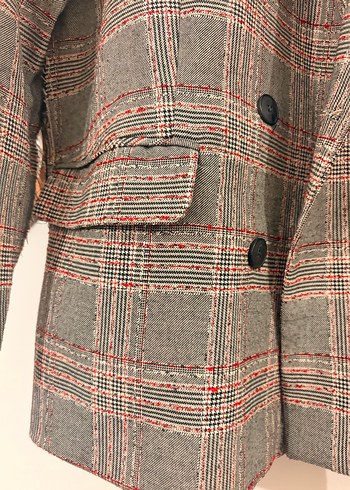 Gri Ekose Düğmeli Kadın Midi Blazer - Görsel 4