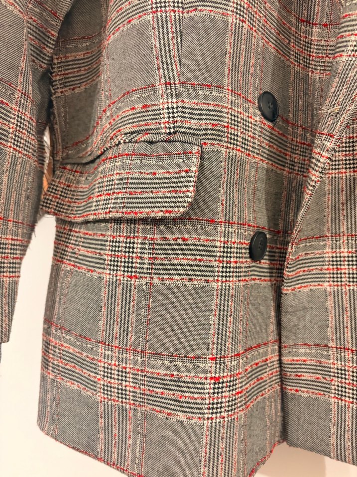 Gri Ekose Düğmeli Kadın Midi Blazer - Görsel 4