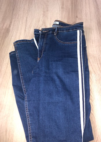 Çizgili Yan Şeritli Mavi Kadın Denim Pantolon