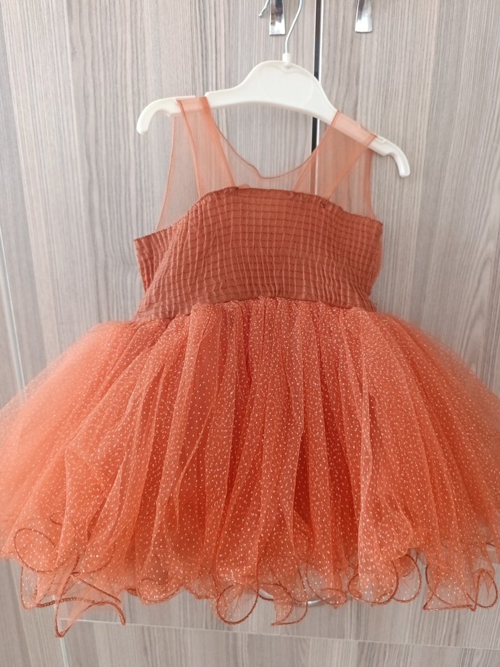 Kız Çocuk Turuncu Fırfırlı Abiye Elbise - Görsel 3