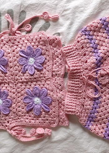 Pembe Nakışlı Örgü Bebek Kız Takımı - Görsel 3