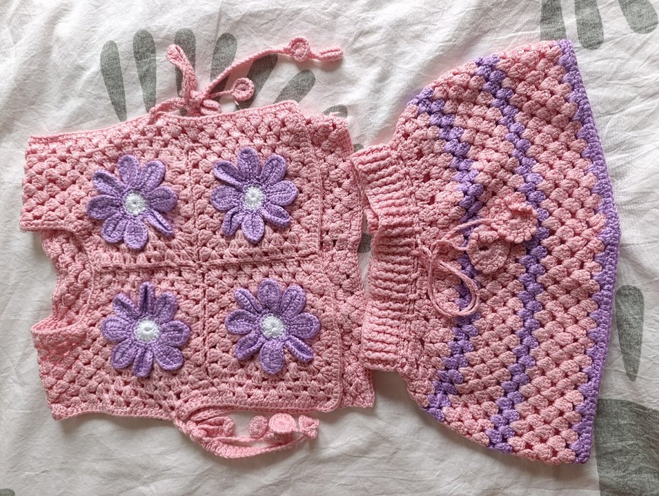 Pembe Nakışlı Örgü Bebek Kız Takımı - Görsel 3