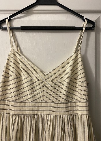 Bej Çizgili Uzun Askılı Keten Elbise - Görsel 2