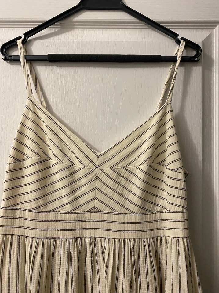 Bej Çizgili Uzun Askılı Keten Elbise - Görsel 2