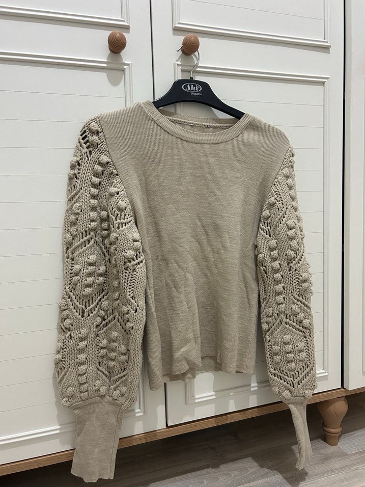 Bej Örgü Kol Detaylı Bohem Kazak - Görsel 3