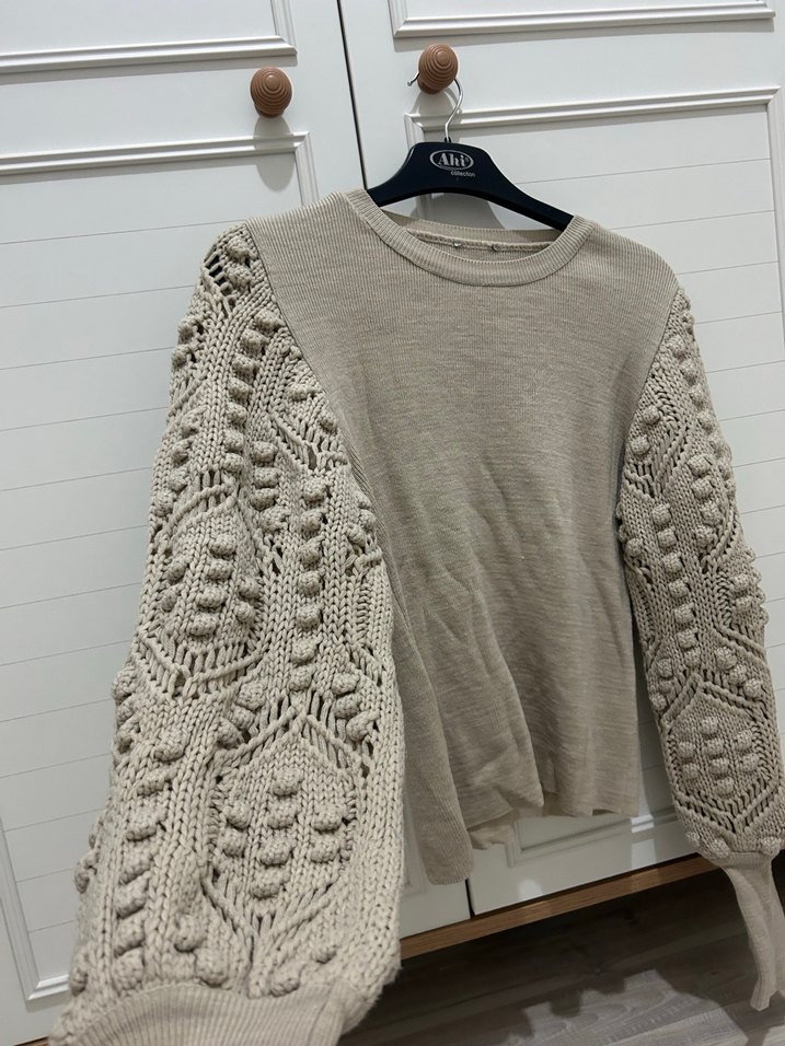 Bej Örgü Kol Detaylı Bohem Kazak - Görsel 2