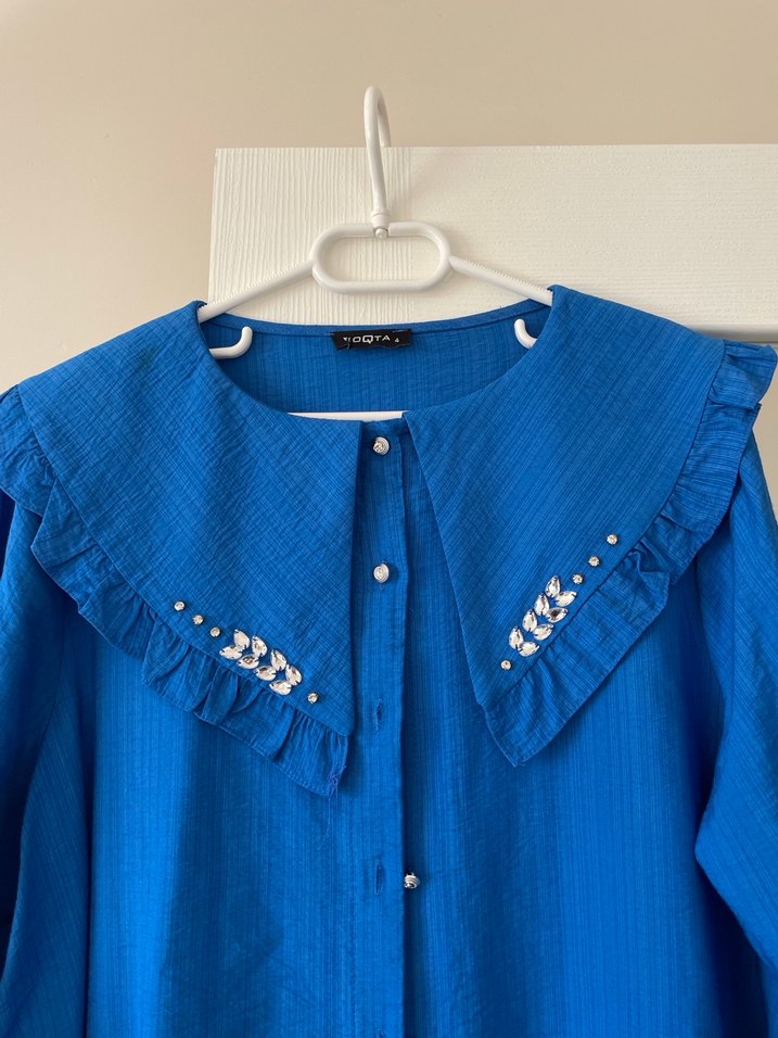 Nakışlı Mavi Uzun Kollu Kadın Gömlek - Görsel 2