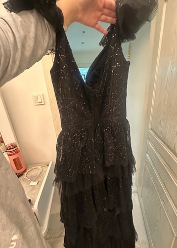 Siyah Gotik V Yaka Uzun Abiye Elbise - Görsel 5