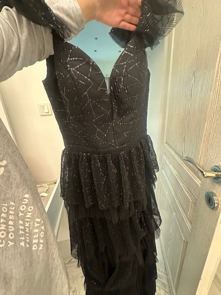 Siyah Gotik V Yaka Uzun Abiye Elbise - Görsel 2