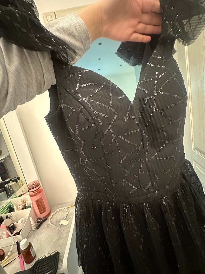 Siyah Gotik V Yaka Uzun Abiye Elbise - Görsel 3