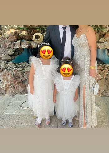 Beyaz Uzun Payetli Straplez anne kız kombin - Görsel 2