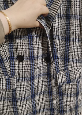 Gri Ekose Desenli Düğmeli Kadın Blazer - Görsel 4