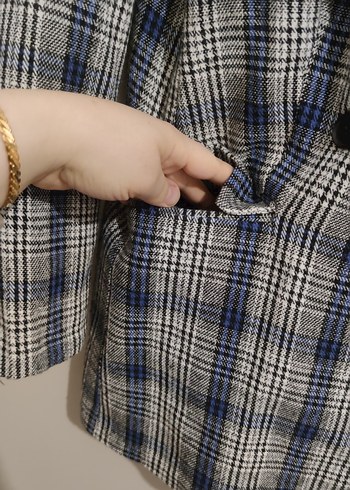 Gri Ekose Desenli Düğmeli Kadın Blazer - Görsel 5