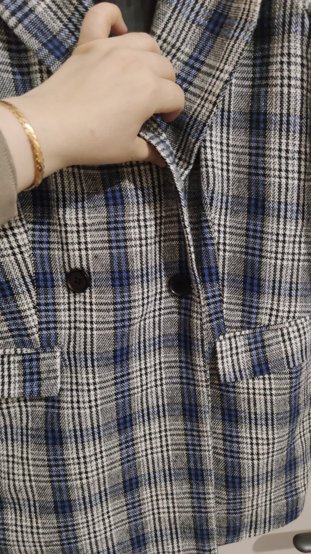 Gri Ekose Desenli Düğmeli Kadın Blazer - Görsel 4