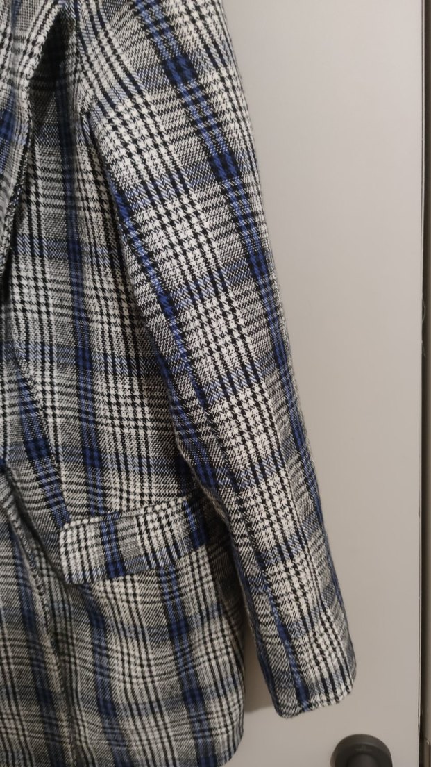 Gri Ekose Desenli Düğmeli Kadın Blazer - Görsel 3