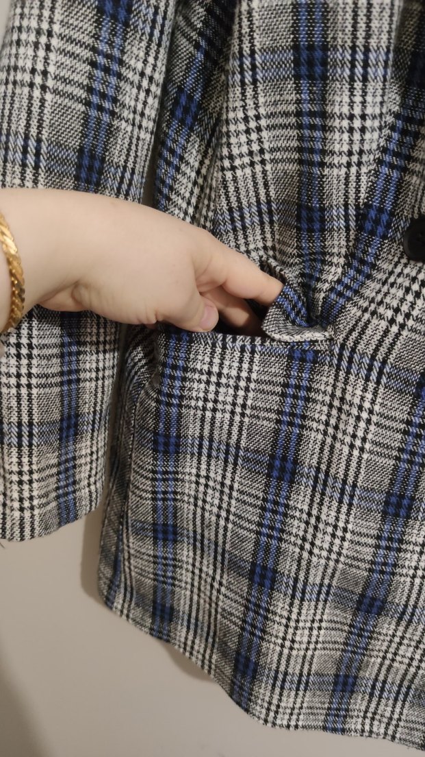 Gri Ekose Desenli Düğmeli Kadın Blazer - Görsel 5